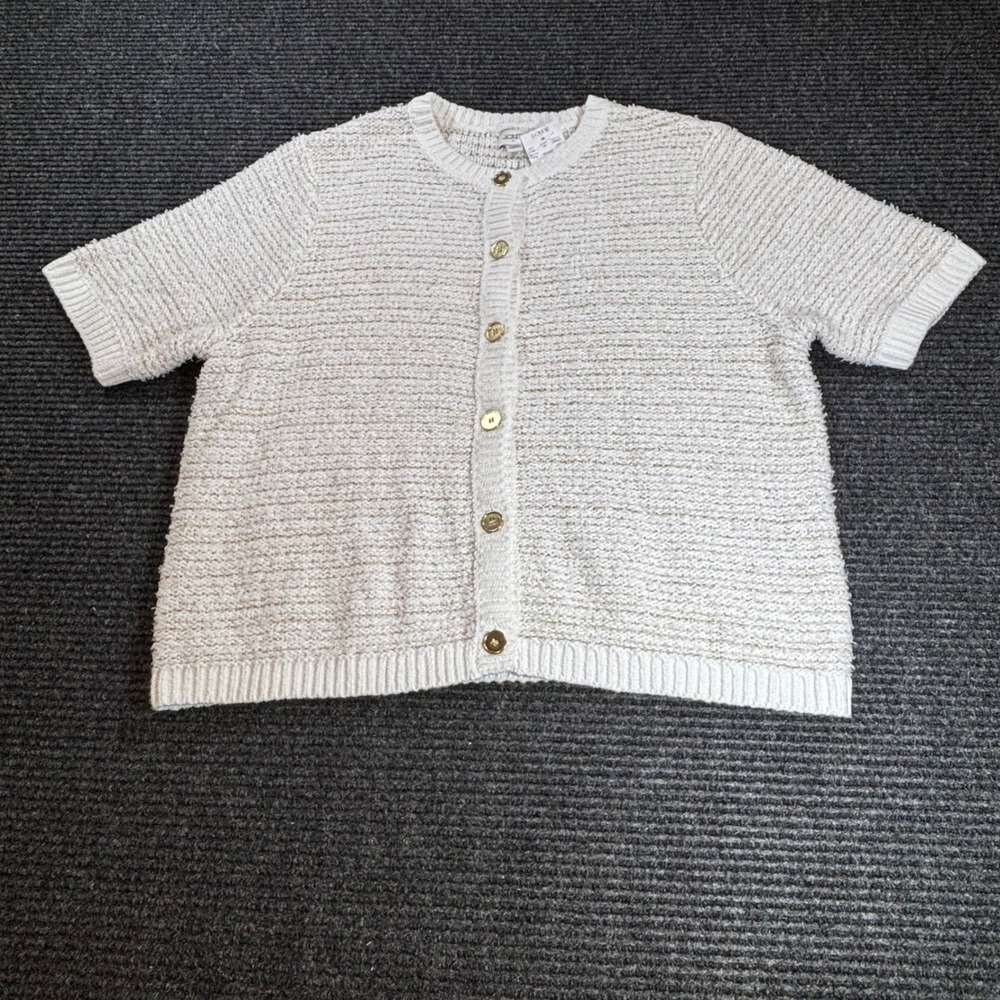 J.Crew Womens Metallic Ivory Gold Short Sleeve Cardigan Sweater CM620 Size L NEW